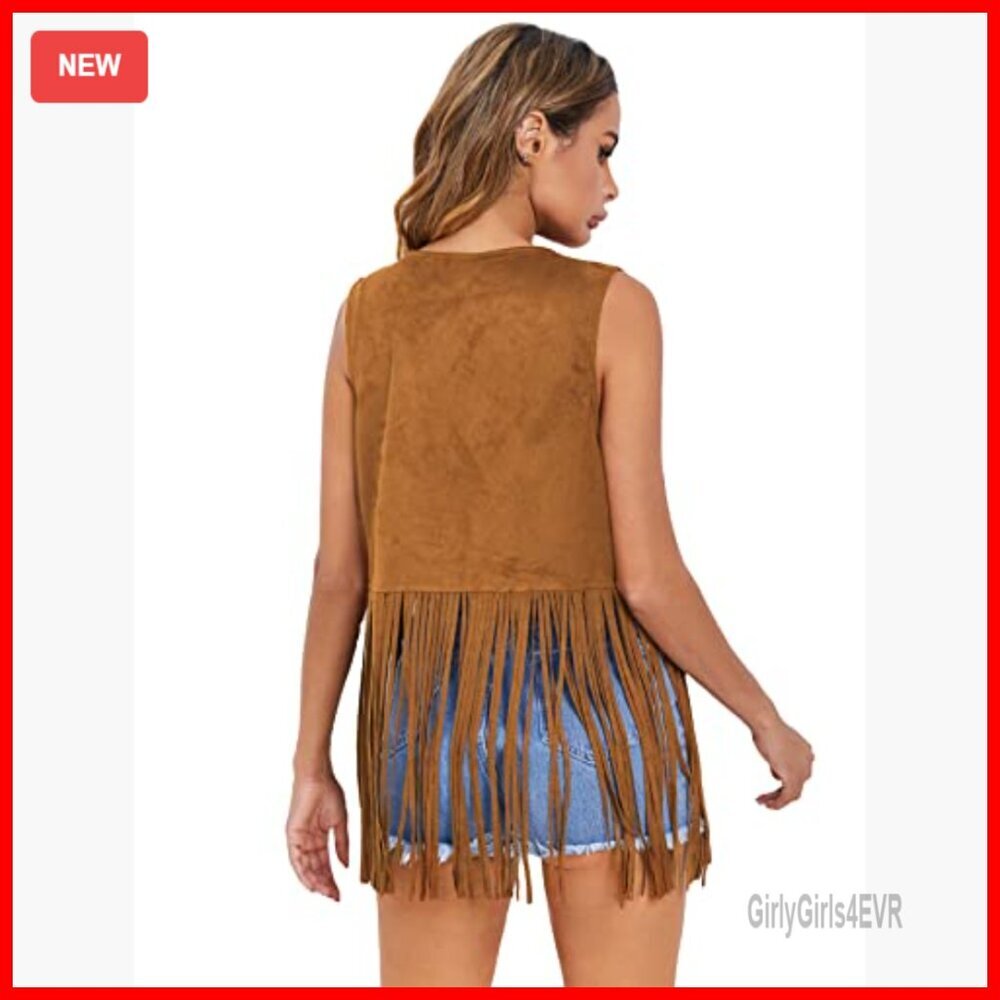 Faux Suede Tassel Vest X-Large Hippie Festival Cardigan - Picture 2 of 7
